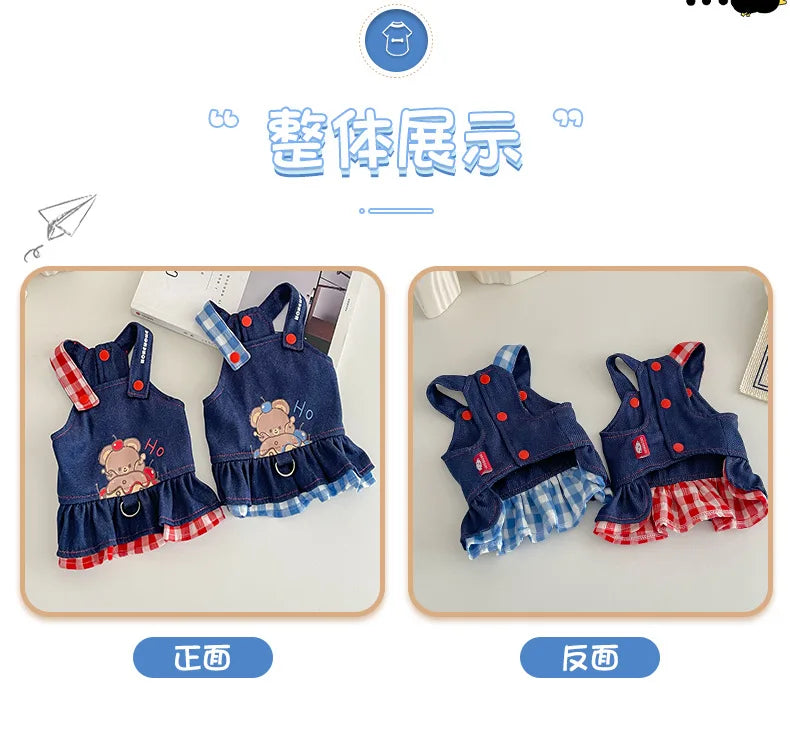 Pet Spring Denim Plaid Skirt Dog Leash Skirt Home Outdoor Sun Protection Vest Dog Dresses for Small Dogs