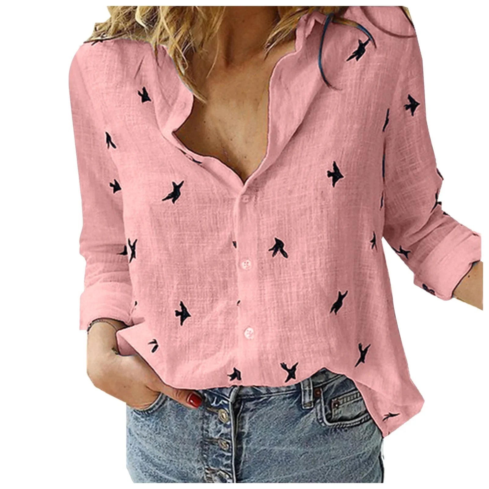 Korean Fashion Blue Pink Lapel Shirt Women'S Summer Thin Cool Cotton Linen Shirt French Elegant V-Neck Long Sleeve Shirt Lady
