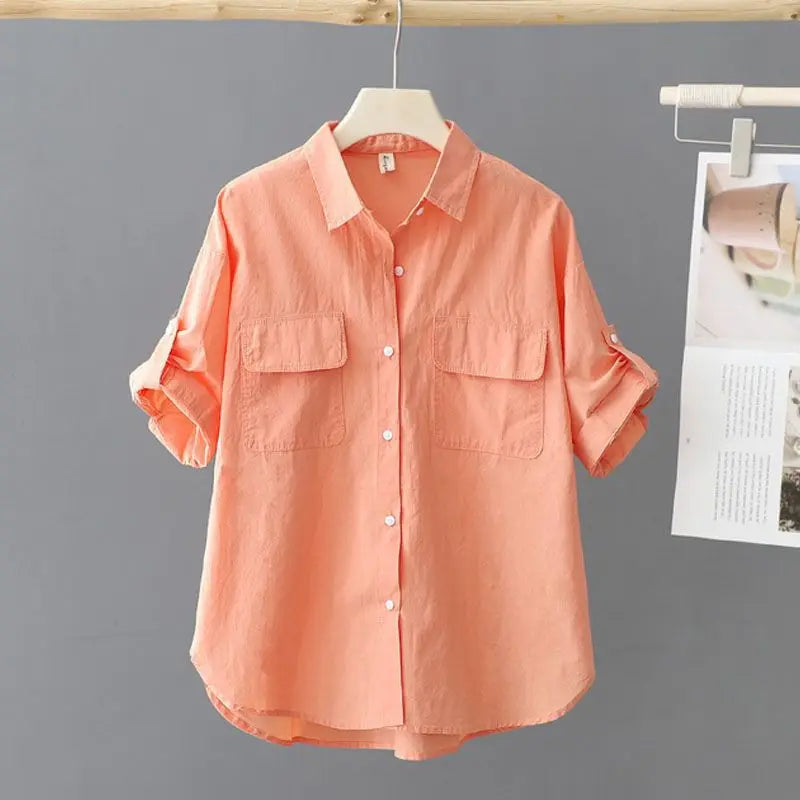 Turn-down Neck Pink Solid Short Sleeved Loose Shirt And Blouse Clothes Top Casual Single Breasted Spring Simple OL Outerwear New