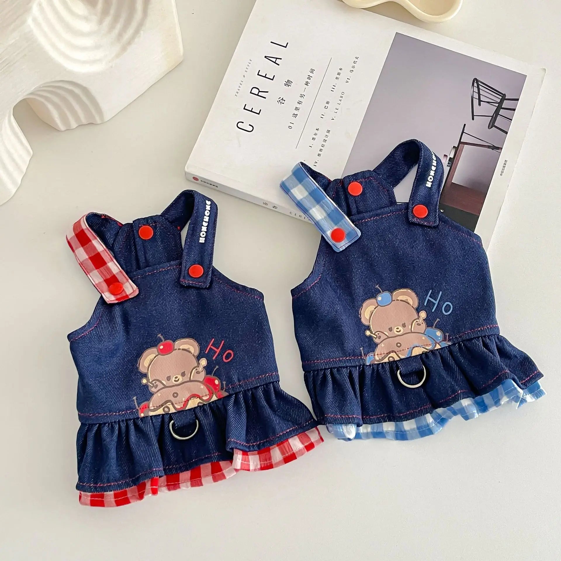 Pet Spring Denim Plaid Skirt Dog Leash Skirt Home Outdoor Sun Protection Vest Dog Dresses for Small Dogs