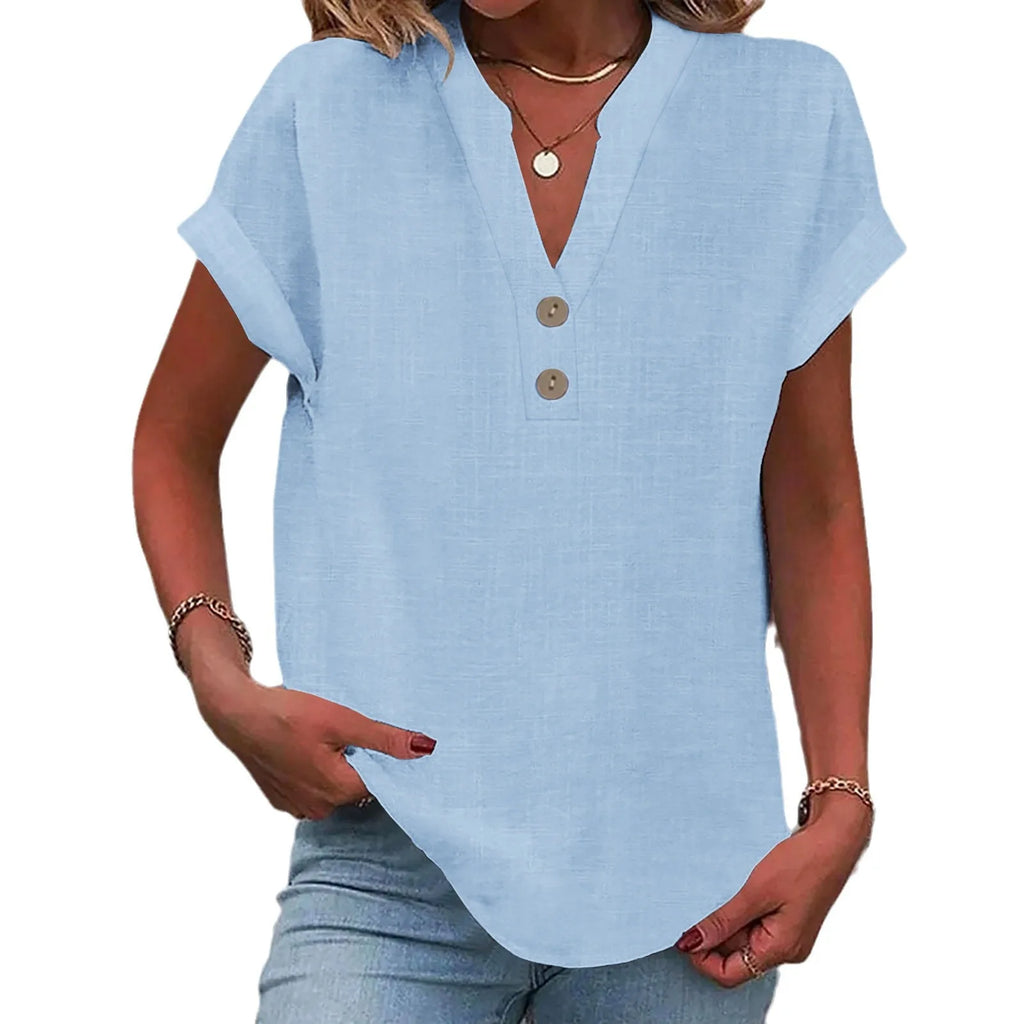 2025 Summer Cotton Linen Breathable Solid Color Button Down V-neck Shirt Basic And Versatile Casual Comfortable Lady Office Tops