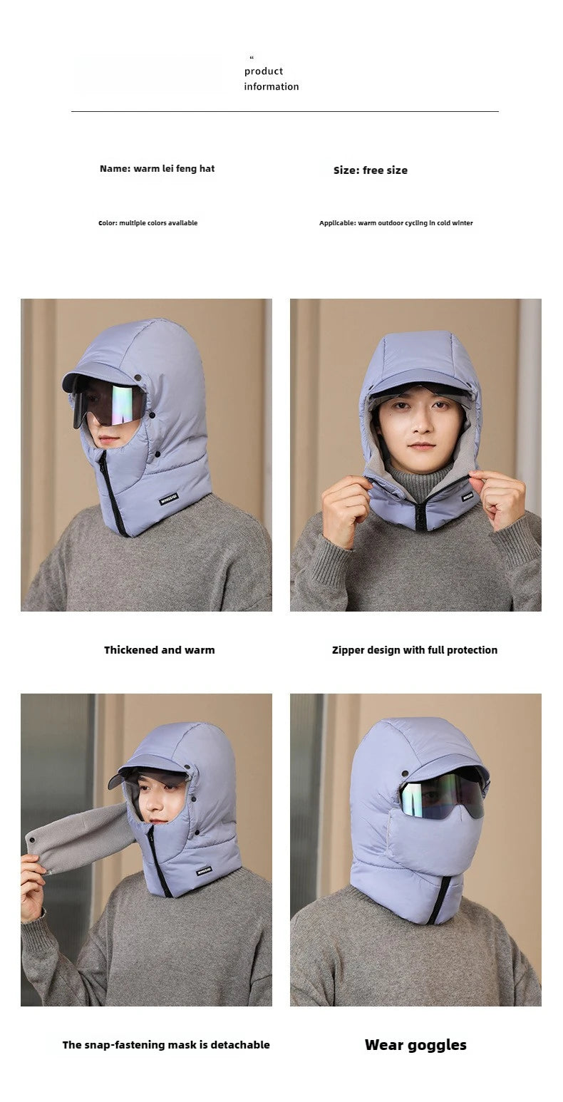 -0℃ Cycling Hat Winter Ski Cap Windproof Unisex Hooded Hat Full Cover Warm with Glasses Motorcycle Face Mask for Outdoor Riding