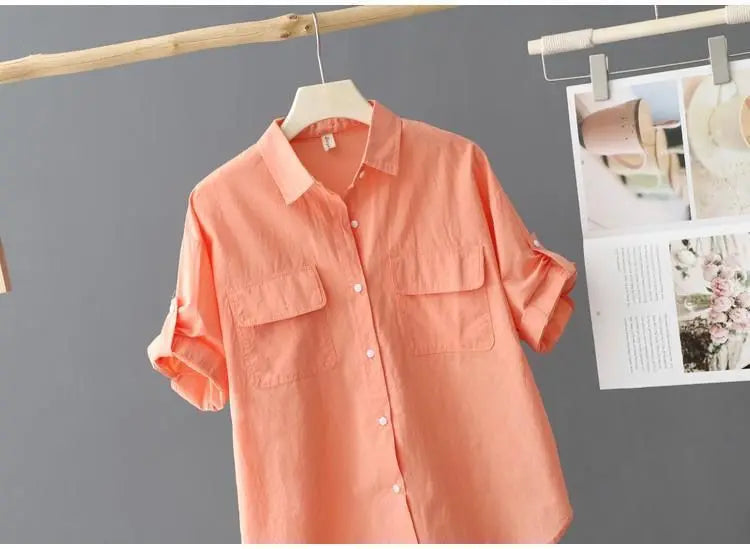 Turn-down Neck Pink Solid Short Sleeved Loose Shirt And Blouse Clothes Top Casual Single Breasted Spring Simple OL Outerwear New