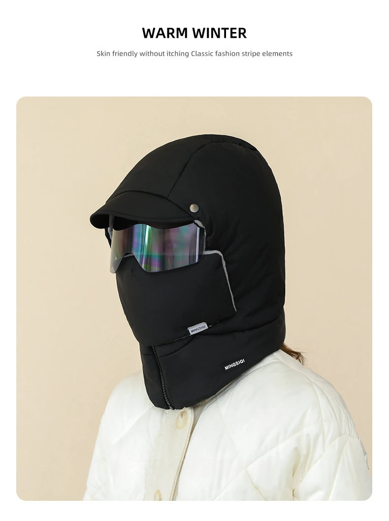 -0℃ Cycling Hat Winter Ski Cap Windproof Unisex Hooded Hat Full Cover Warm with Glasses Motorcycle Face Mask for Outdoor Riding