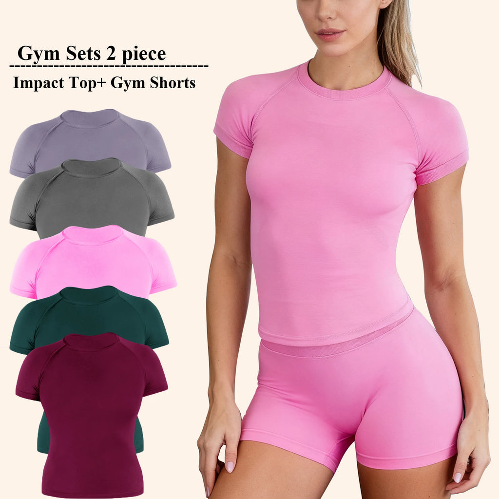 Workout Sets for Women 2 Pieces, Shorts Sleeveless T-Shirts Crop Top Tank Top+ Scrunch Butt-Lifting Seamless Shorts, Gym Sets