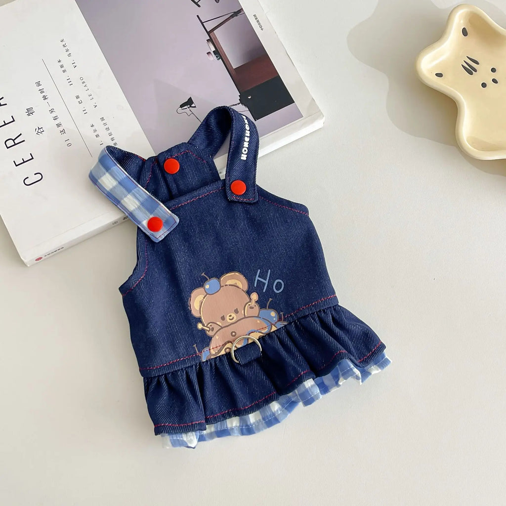 Pet Spring Denim Plaid Skirt Dog Leash Skirt Home Outdoor Sun Protection Vest Dog Dresses for Small Dogs