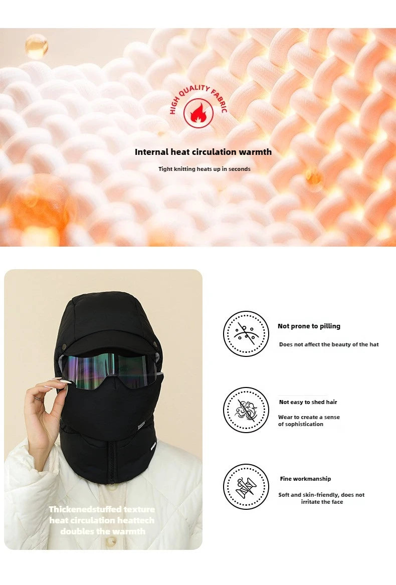 -0℃ Cycling Hat Winter Ski Cap Windproof Unisex Hooded Hat Full Cover Warm with Glasses Motorcycle Face Mask for Outdoor Riding