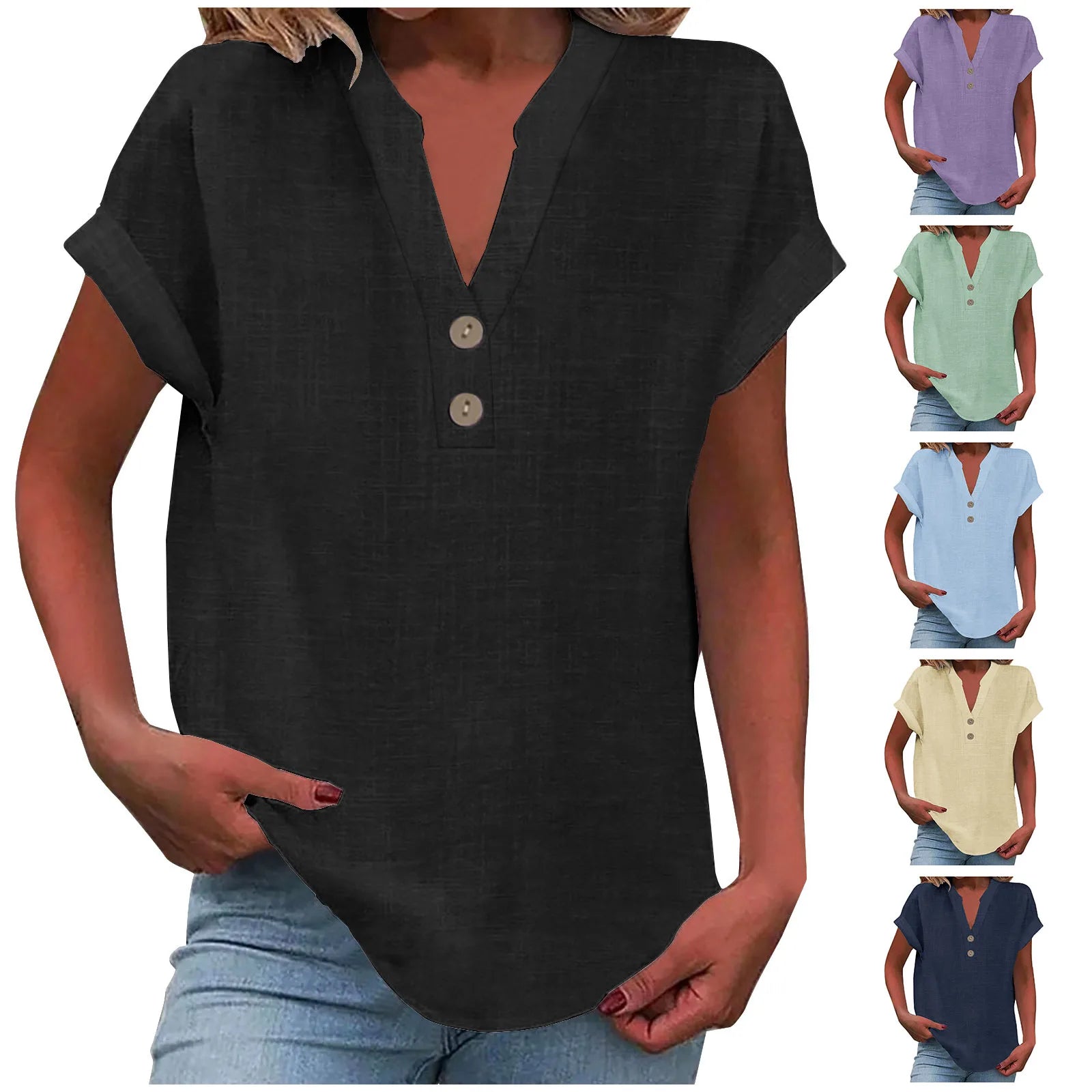 2025 Summer Cotton Linen Breathable Solid Color Button Down V-neck Shirt Basic And Versatile Casual Comfortable Lady Office Tops