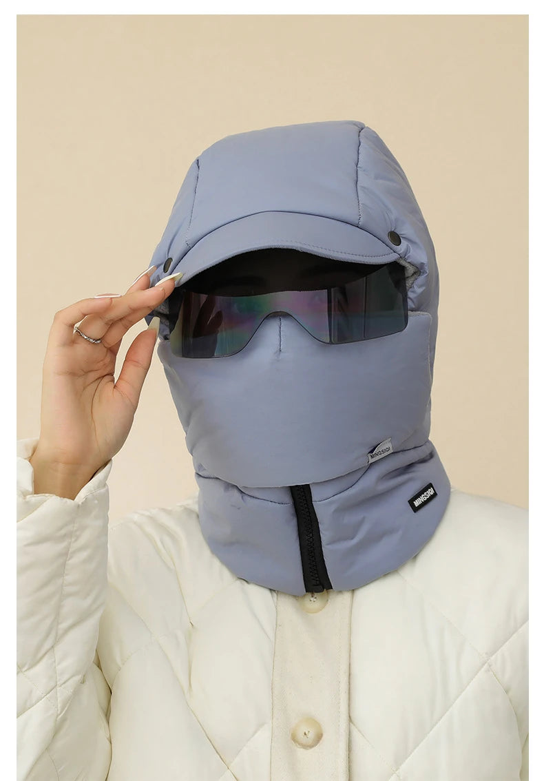 -0℃ Cycling Hat Winter Ski Cap Windproof Unisex Hooded Hat Full Cover Warm with Glasses Motorcycle Face Mask for Outdoor Riding