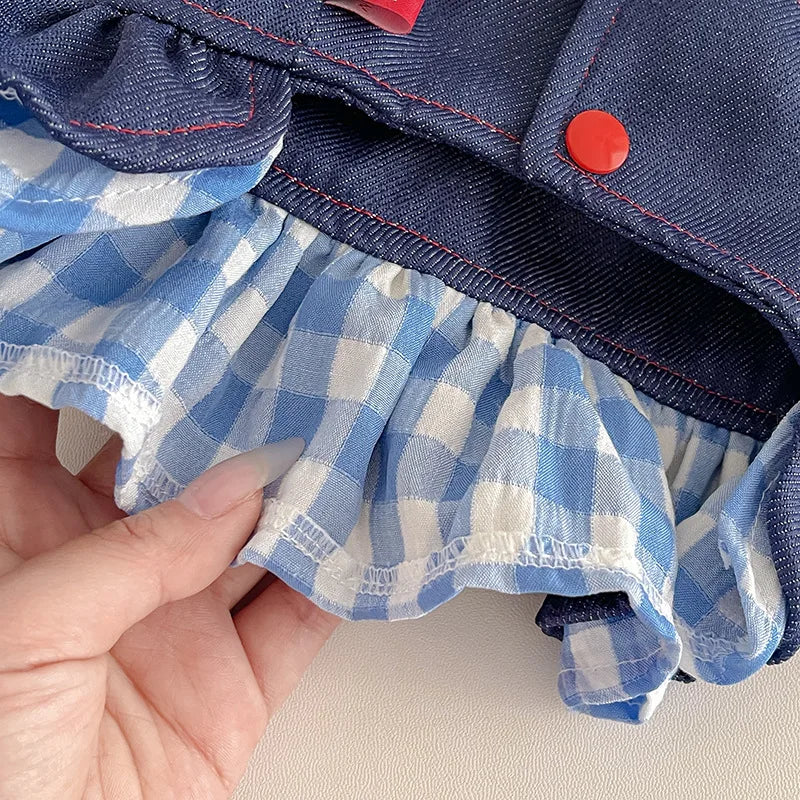 Pet Spring Denim Plaid Skirt Dog Leash Skirt Home Outdoor Sun Protection Vest Dog Dresses for Small Dogs
