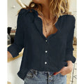 Korean Fashion Blue Pink Lapel Shirt Women'S Summer Thin Cool Cotton Linen Shirt French Elegant V-Neck Long Sleeve Shirt Lady