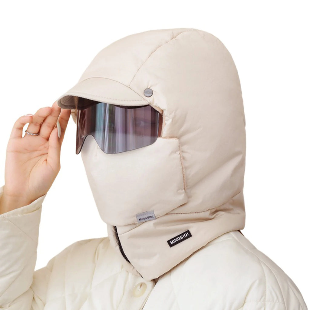 -0℃ Cycling Hat Winter Ski Cap Windproof Unisex Hooded Hat Full Cover Warm with Glasses Motorcycle Face Mask for Outdoor Riding