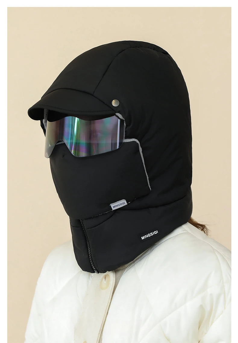 -0℃ Cycling Hat Winter Ski Cap Windproof Unisex Hooded Hat Full Cover Warm with Glasses Motorcycle Face Mask for Outdoor Riding