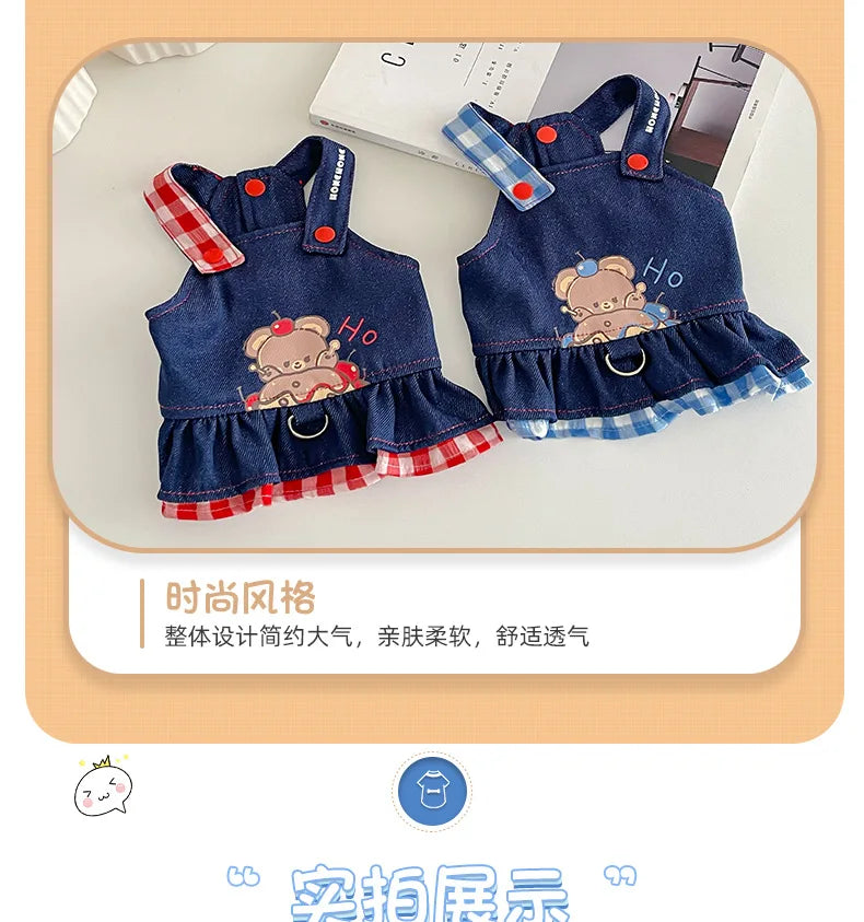 Pet Spring Denim Plaid Skirt Dog Leash Skirt Home Outdoor Sun Protection Vest Dog Dresses for Small Dogs