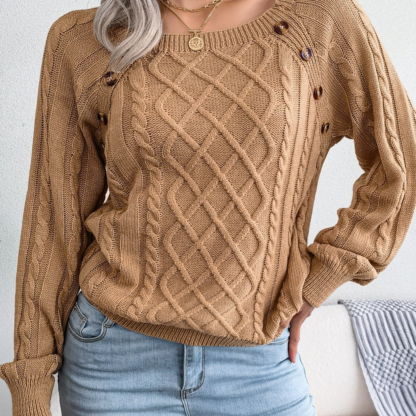 Texture Button Lantern Sleeve Sweater - Women's Round Neck Sweater