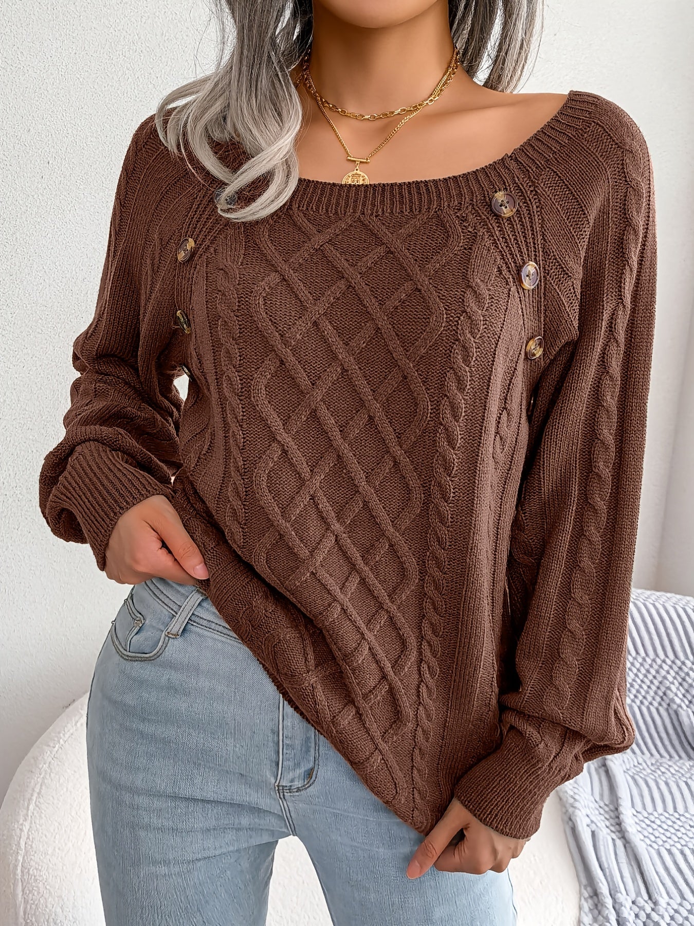 Texture Button Lantern Sleeve Sweater - Women's Round Neck Sweater