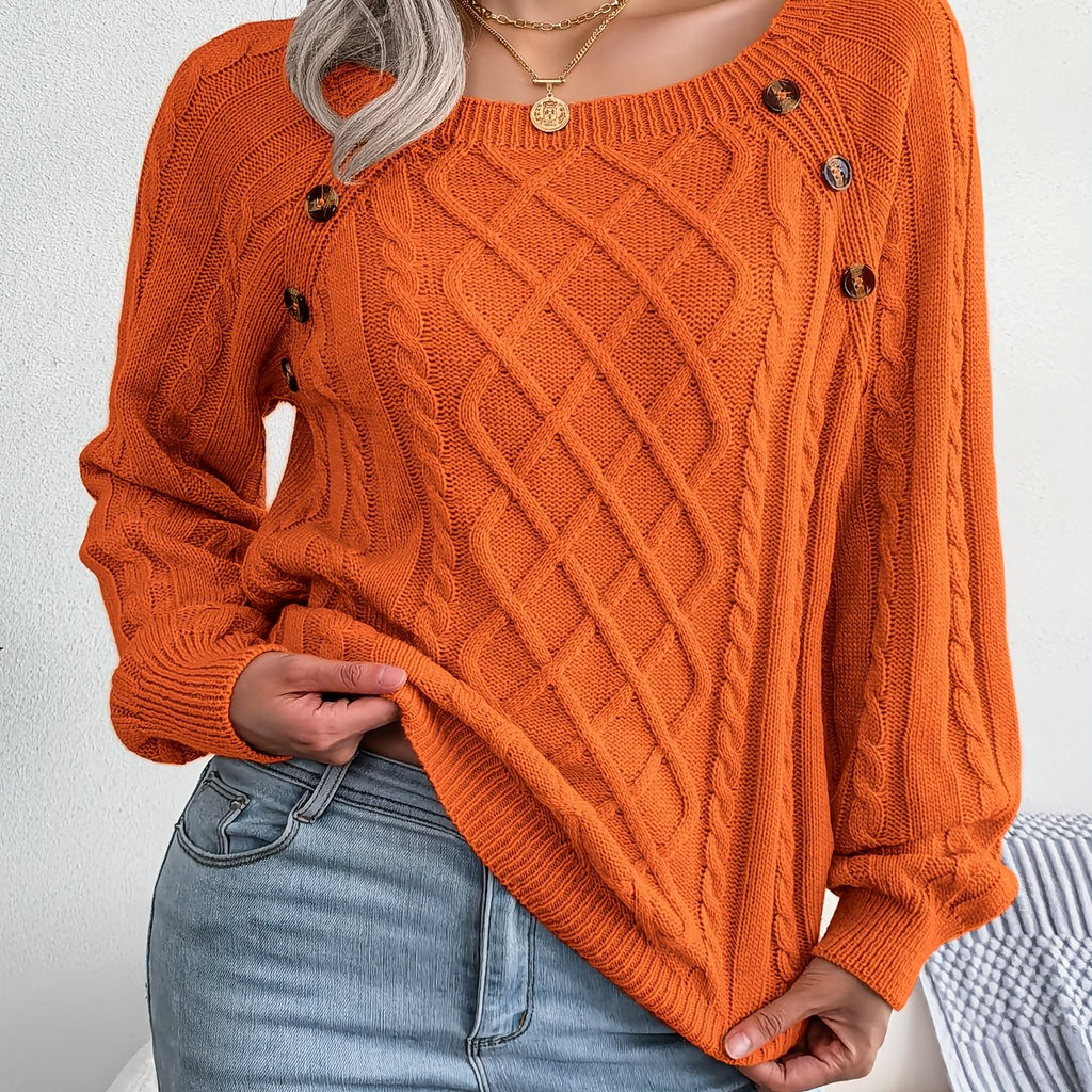 Texture Button Lantern Sleeve Sweater - Women's Round Neck Sweater