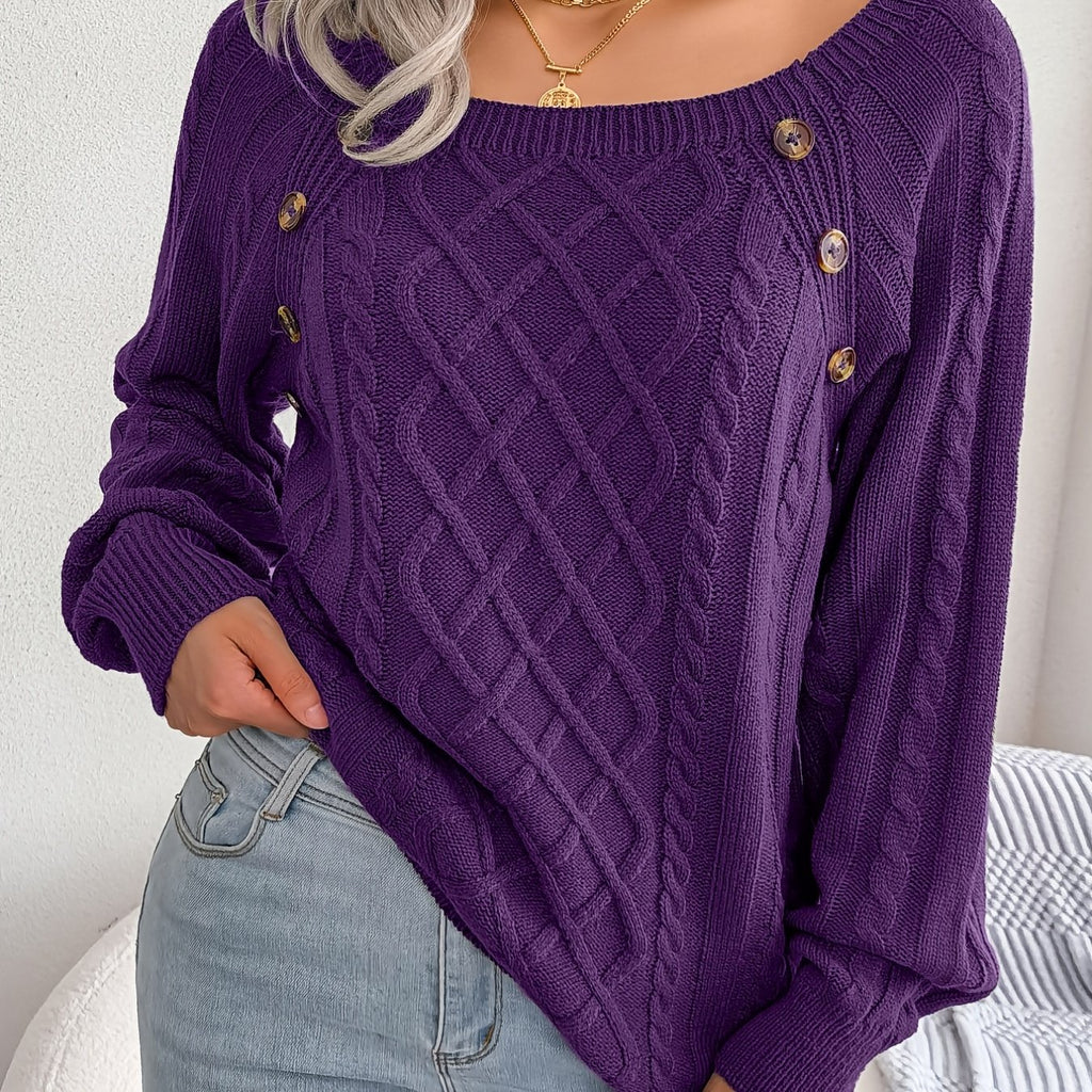 Texture Button Lantern Sleeve Sweater - Women's Round Neck Sweater